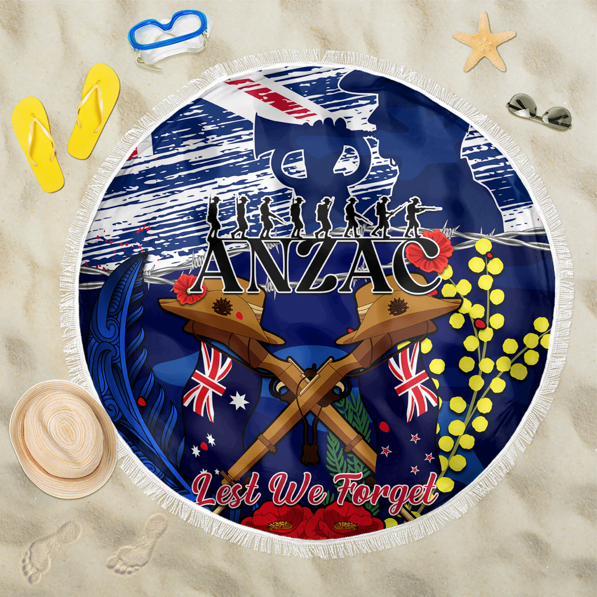 Australia And New Zealand ANZAC Day Beach Blanket Lest We Forget Silver Fern With Golden Wattle LT14 One Size 150cm Blue - Polynesian Pride