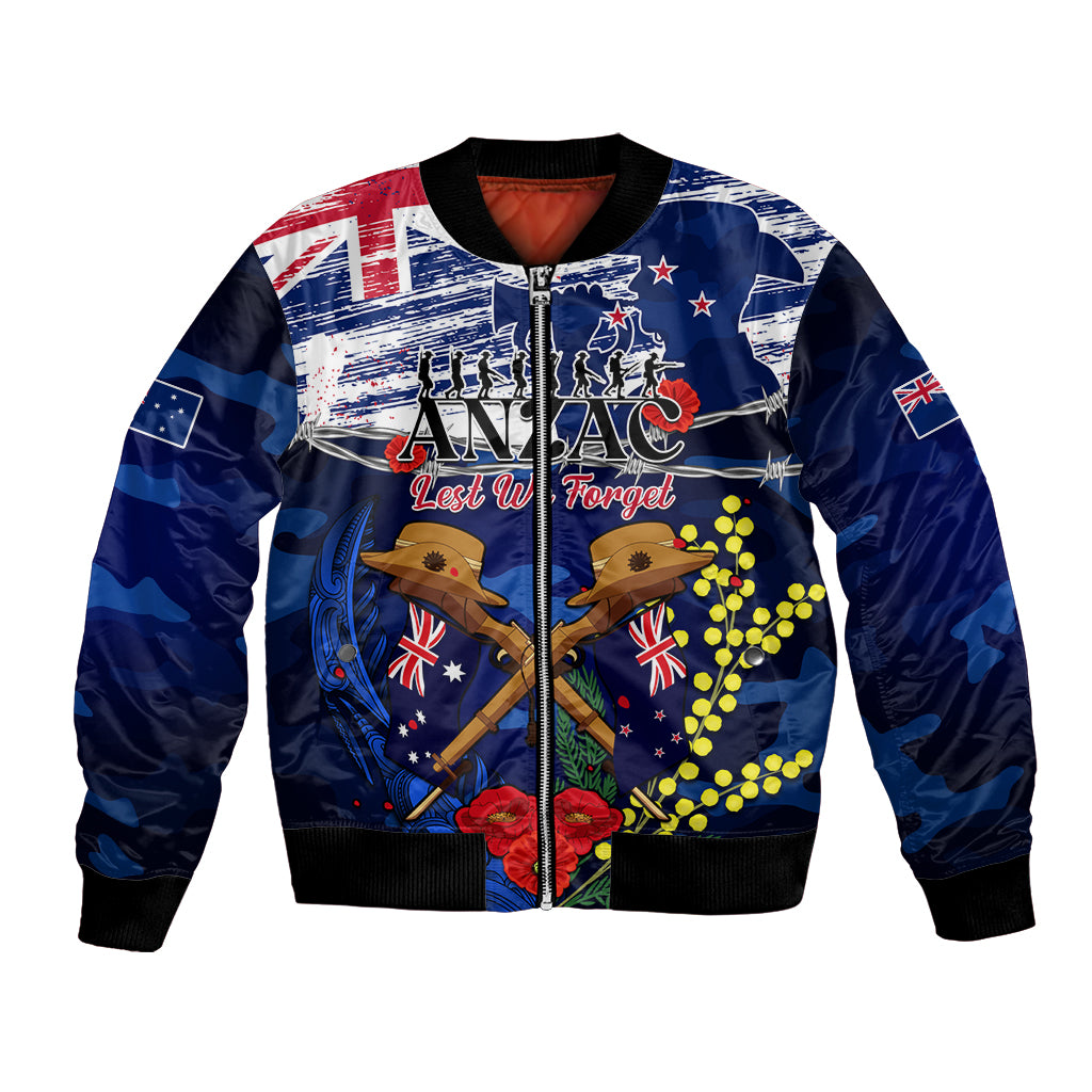 Australia And New Zealand ANZAC Day Bomber Jacket Lest We Forget Silver Fern With Golden Wattle LT14 Unisex Blue - Polynesian Pride