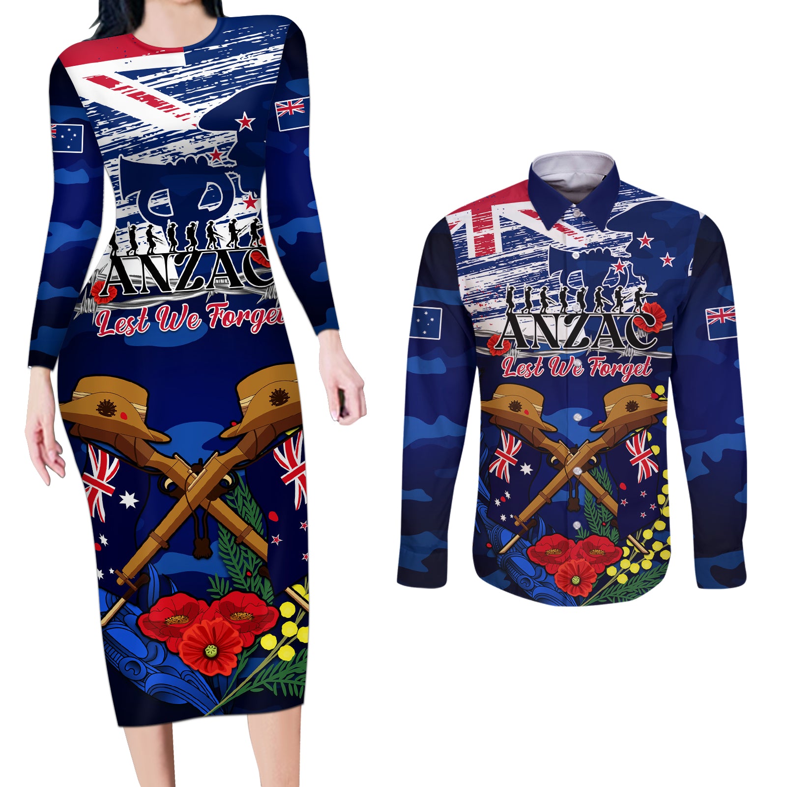 Australia And New Zealand ANZAC Day Couples Matching Long Sleeve Bodycon Dress and Long Sleeve Button Shirt Lest We Forget Silver Fern With Golden Wattle LT14 Blue - Polynesian Pride