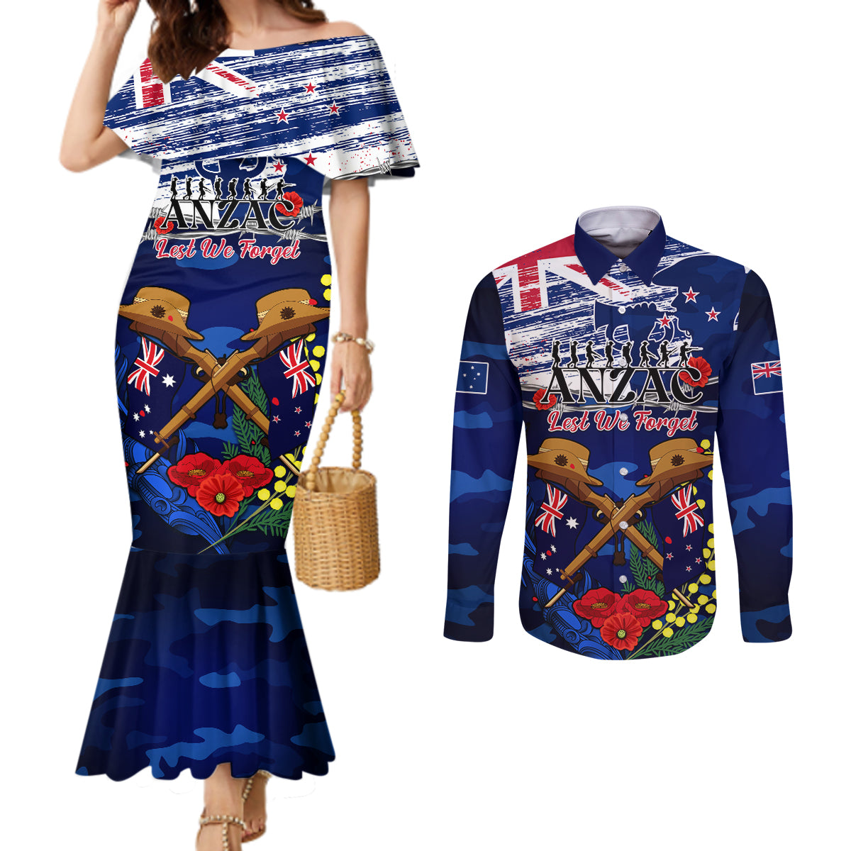 Australia And New Zealand ANZAC Day Couples Matching Mermaid Dress and Long Sleeve Button Shirt Lest We Forget Silver Fern With Golden Wattle LT14 Blue - Polynesian Pride