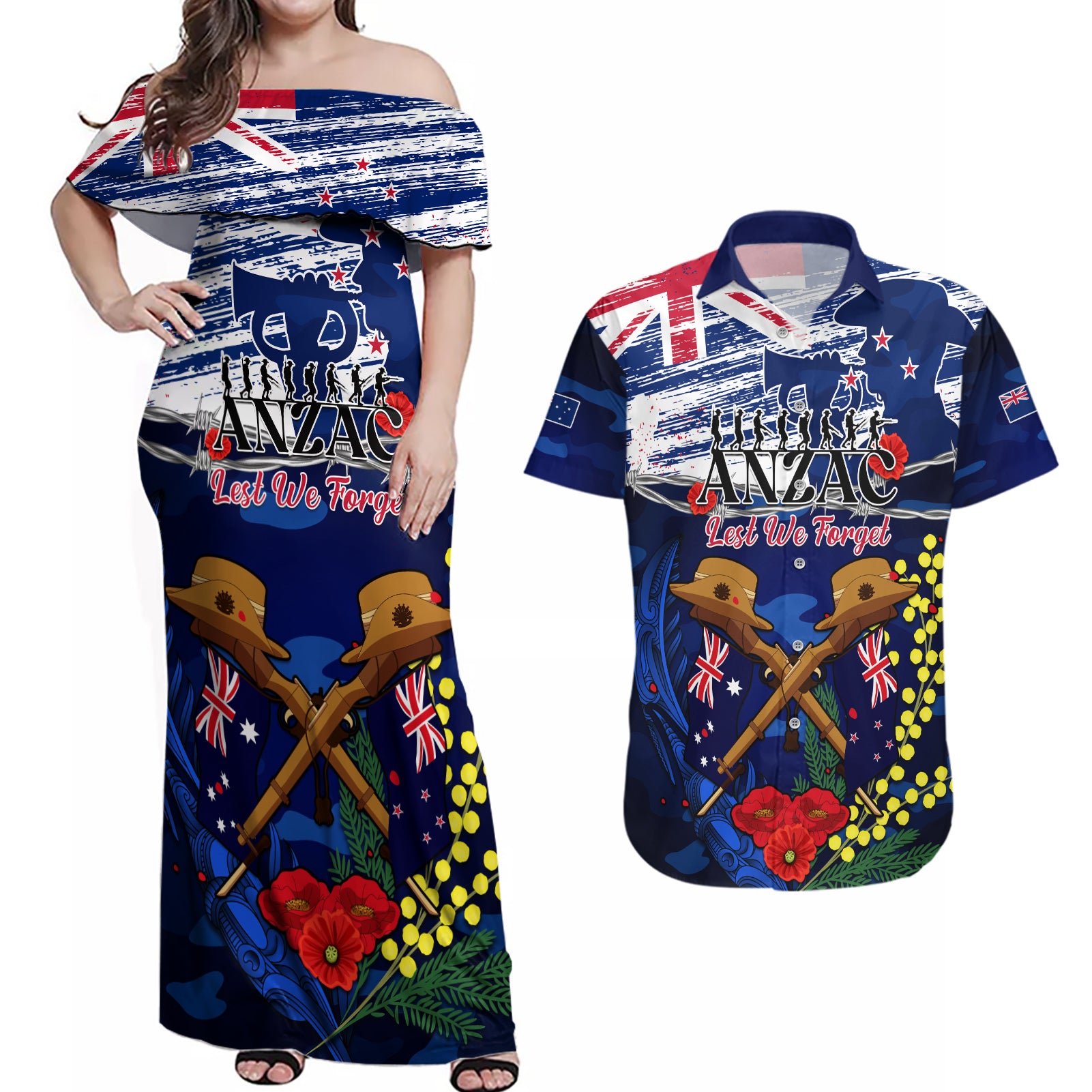 Australia And New Zealand ANZAC Day Couples Matching Off Shoulder Maxi Dress and Hawaiian Shirt Lest We Forget Silver Fern With Golden Wattle LT14 Blue - Polynesian Pride