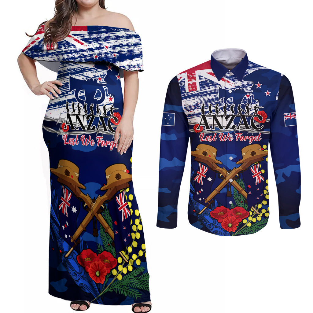 Australia And New Zealand ANZAC Day Couples Matching Off Shoulder Maxi Dress and Long Sleeve Button Shirt Lest We Forget Silver Fern With Golden Wattle LT14 Blue - Polynesian Pride