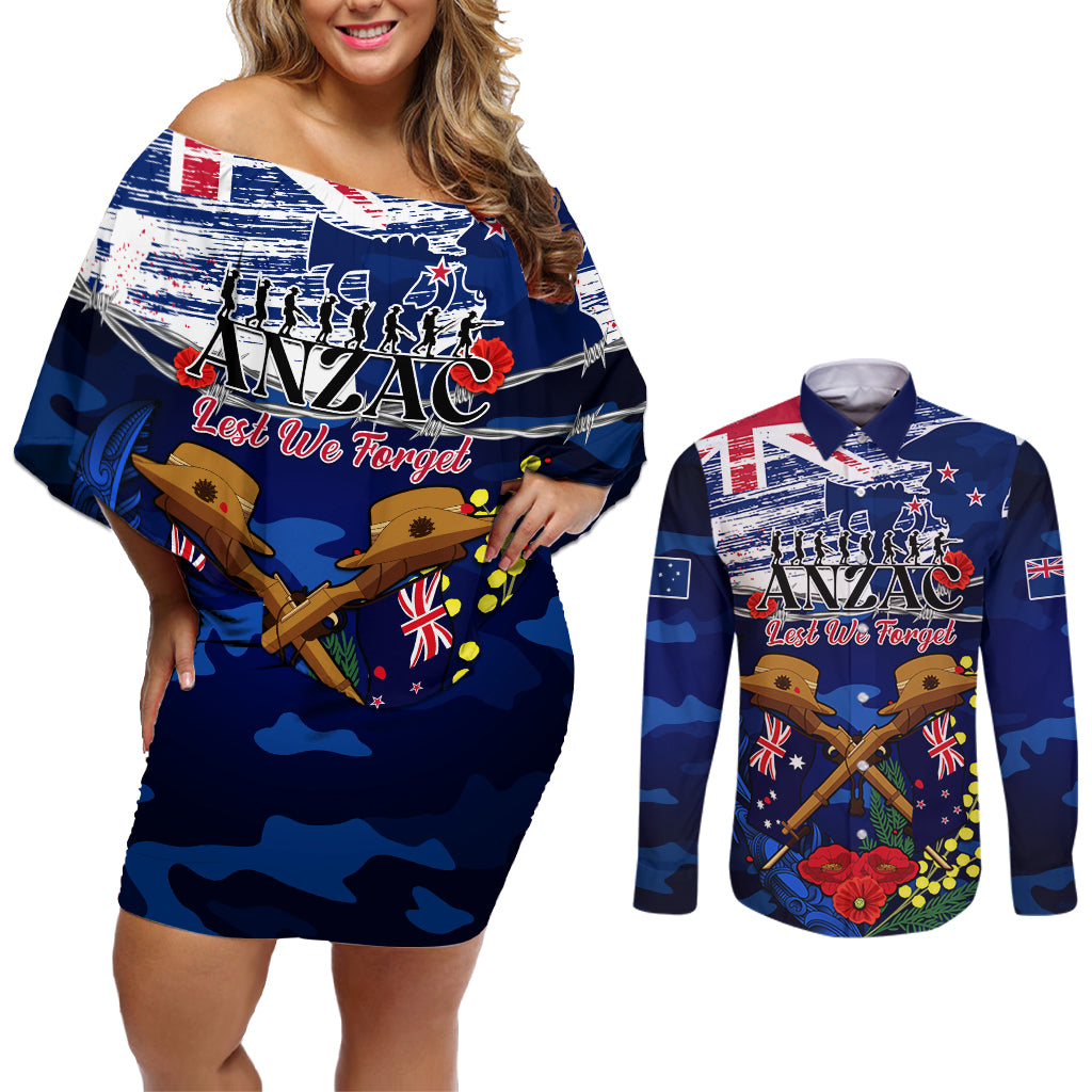 Australia And New Zealand ANZAC Day Couples Matching Off Shoulder Short Dress and Long Sleeve Button Shirt Lest We Forget Silver Fern With Golden Wattle LT14 Blue - Polynesian Pride