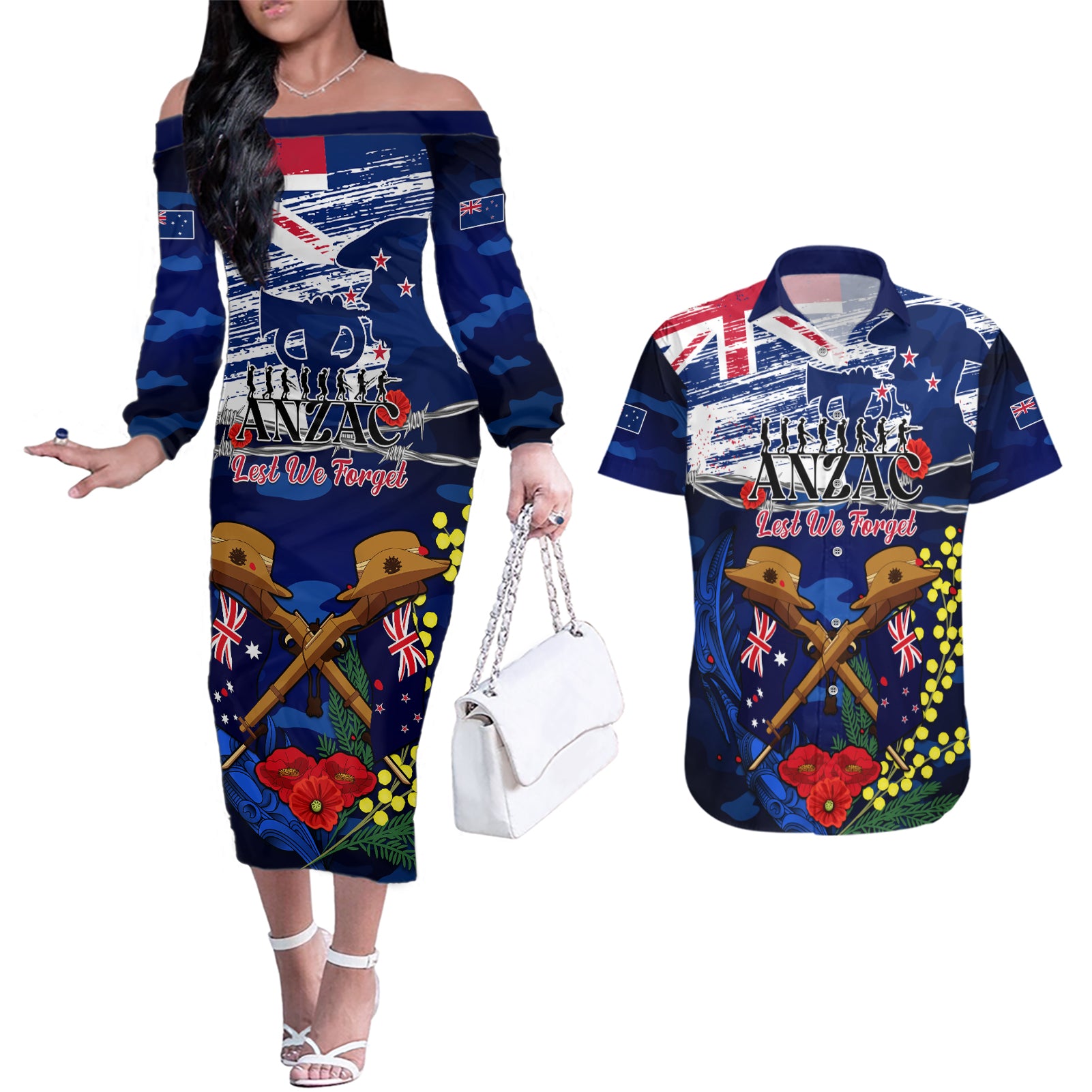 Australia And New Zealand ANZAC Day Couples Matching Off The Shoulder Long Sleeve Dress and Hawaiian Shirt Lest We Forget Silver Fern With Golden Wattle LT14 Blue - Polynesian Pride