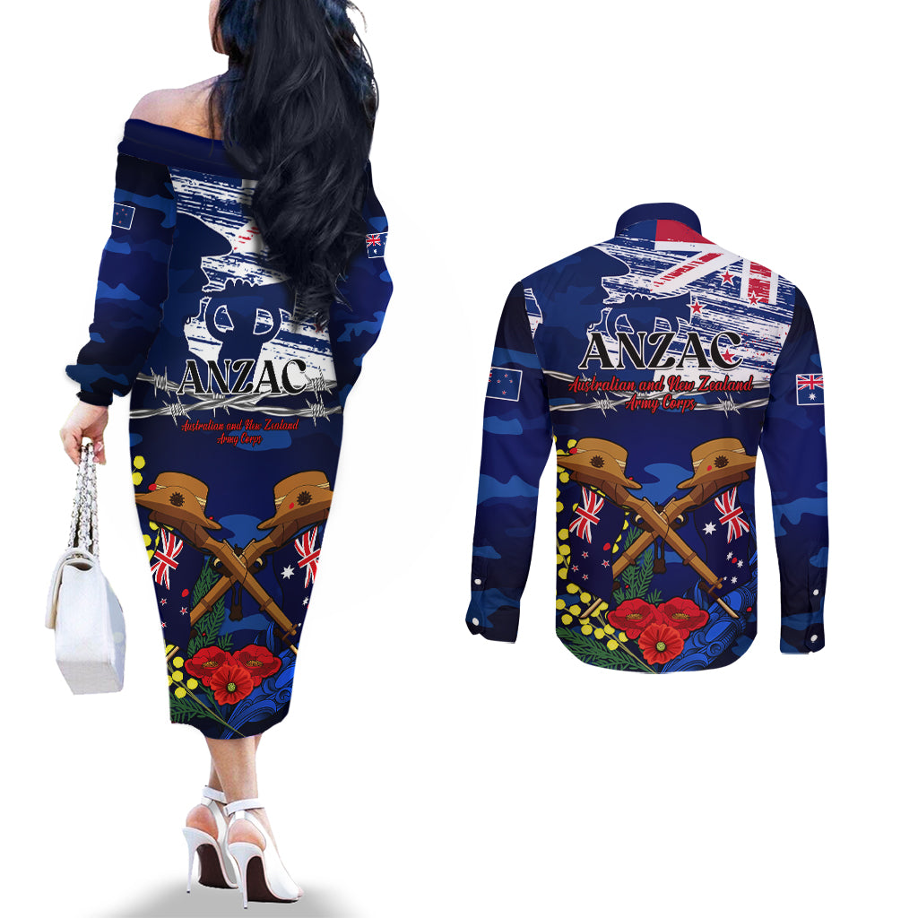 Australia And New Zealand ANZAC Day Couples Matching Off The Shoulder Long Sleeve Dress and Long Sleeve Button Shirt Lest We Forget Silver Fern With Golden Wattle LT14 - Polynesian Pride