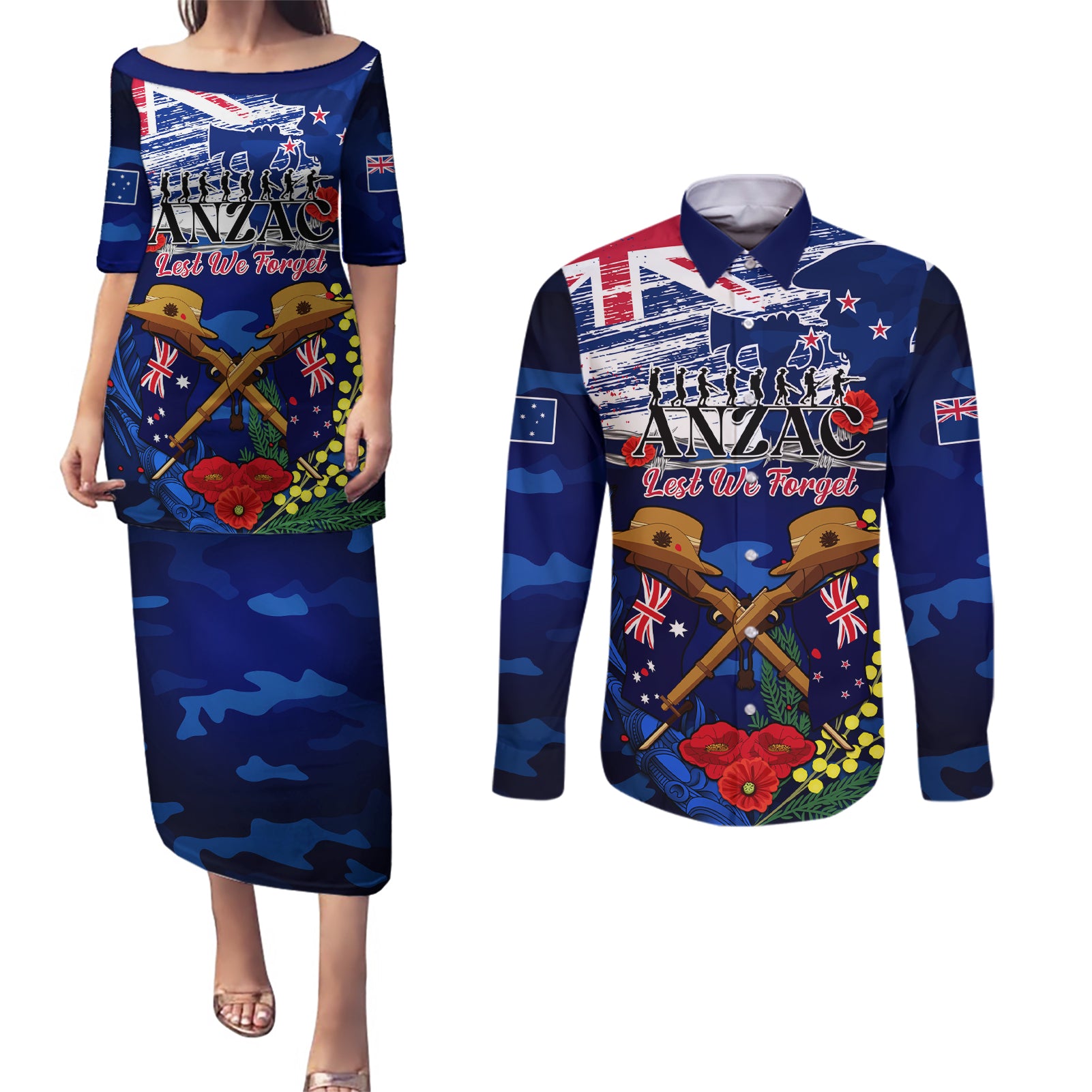 Australia And New Zealand ANZAC Day Couples Matching Puletasi Dress and Long Sleeve Button Shirt Lest We Forget Silver Fern With Golden Wattle LT14 Blue - Polynesian Pride