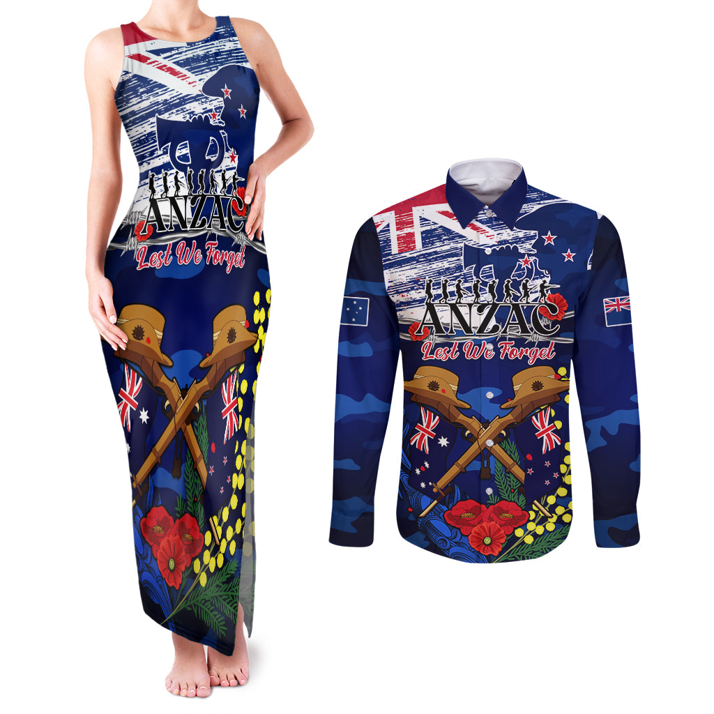 Australia And New Zealand ANZAC Day Couples Matching Tank Maxi Dress and Long Sleeve Button Shirt Lest We Forget Silver Fern With Golden Wattle LT14 Blue - Polynesian Pride