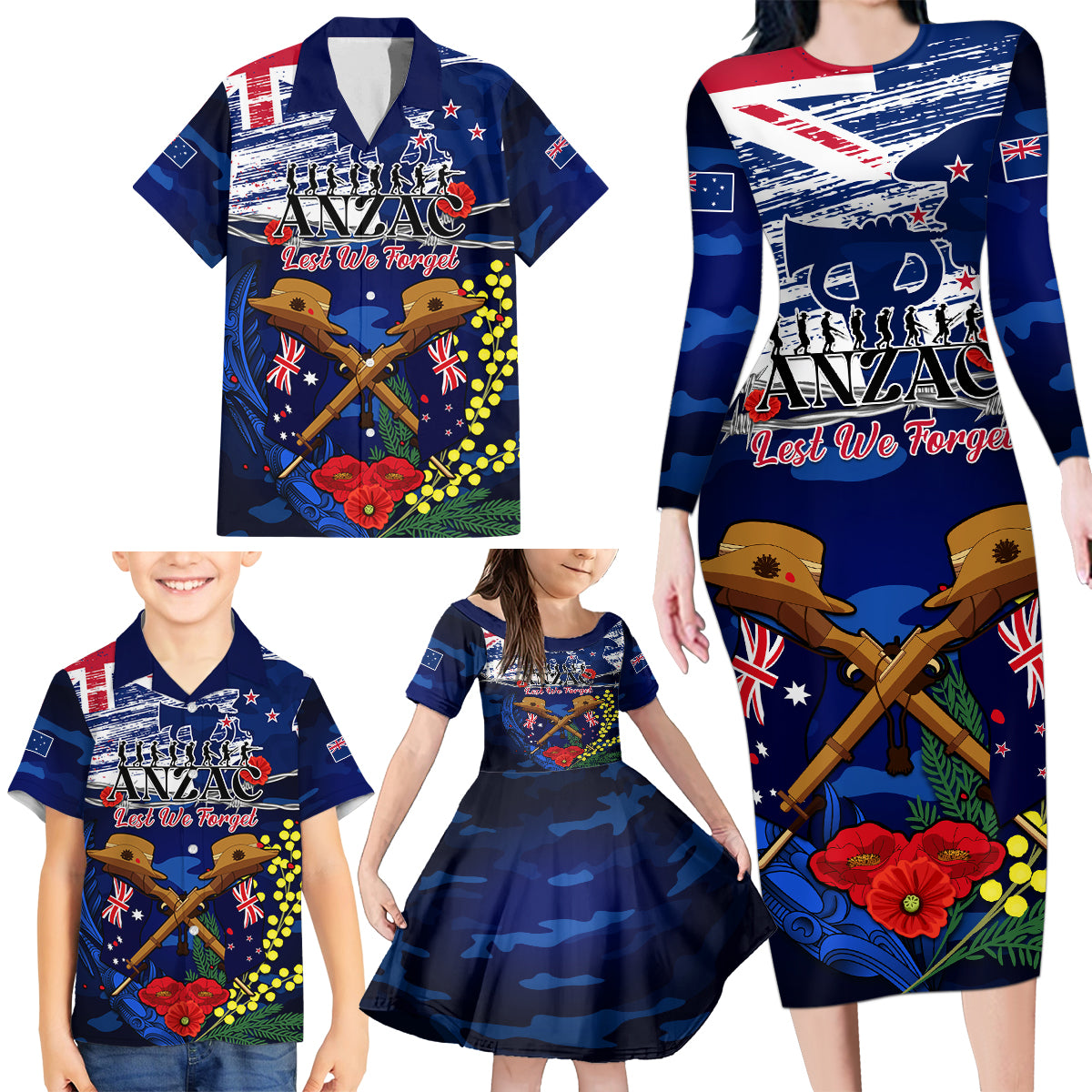 Australia And New Zealand ANZAC Day Family Matching Long Sleeve Bodycon Dress and Hawaiian Shirt Lest We Forget Silver Fern With Golden Wattle LT14 - Polynesian Pride