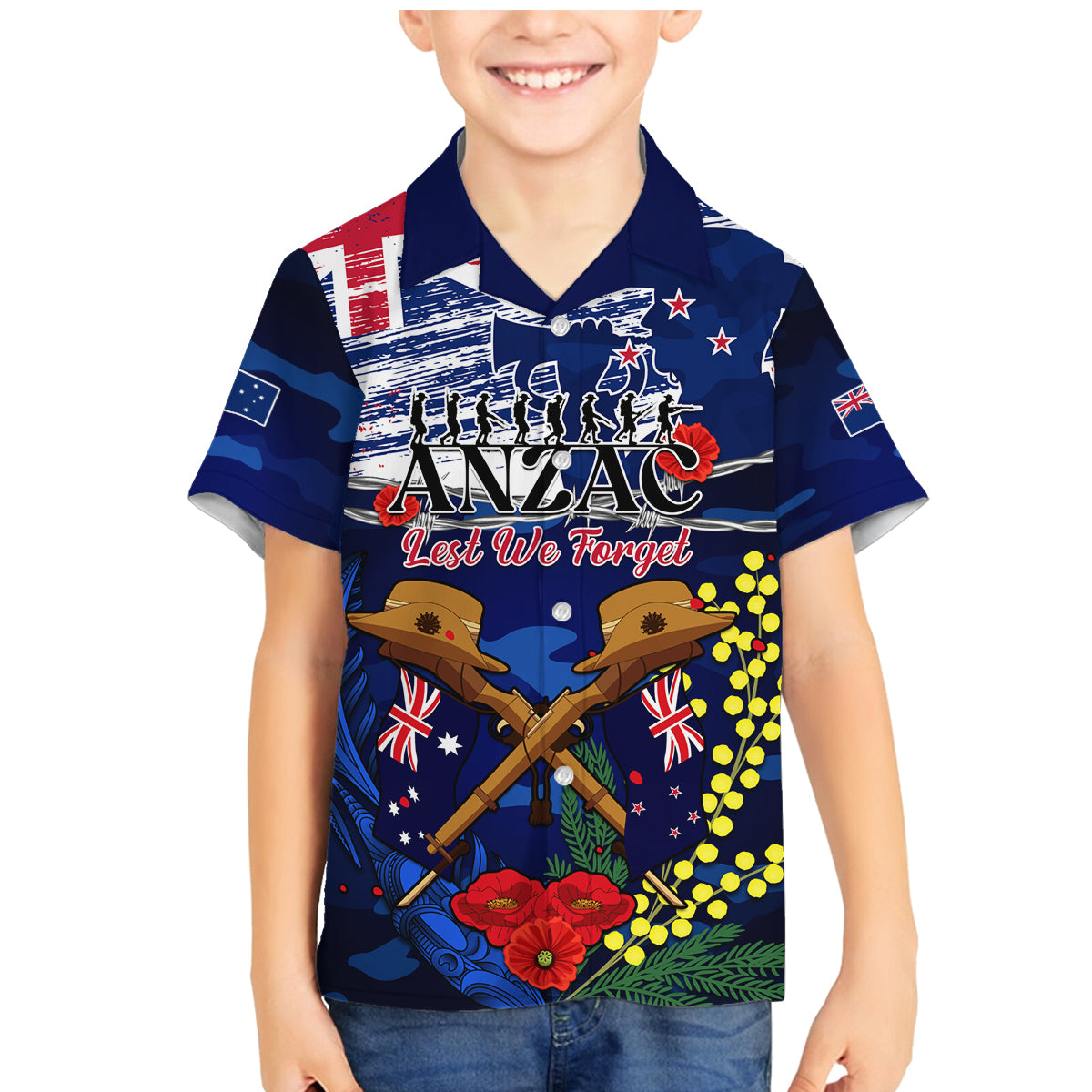 Australia And New Zealand ANZAC Day Family Matching Mermaid Dress and Hawaiian Shirt Lest We Forget Silver Fern With Golden Wattle LT14 Son's Shirt Blue - Polynesian Pride