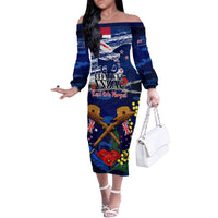 Australia And New Zealand ANZAC Day Family Matching Off Shoulder Long Sleeve Dress and Hawaiian Shirt Lest We Forget Silver Fern With Golden Wattle LT14 Mom's Dress Blue - Polynesian Pride