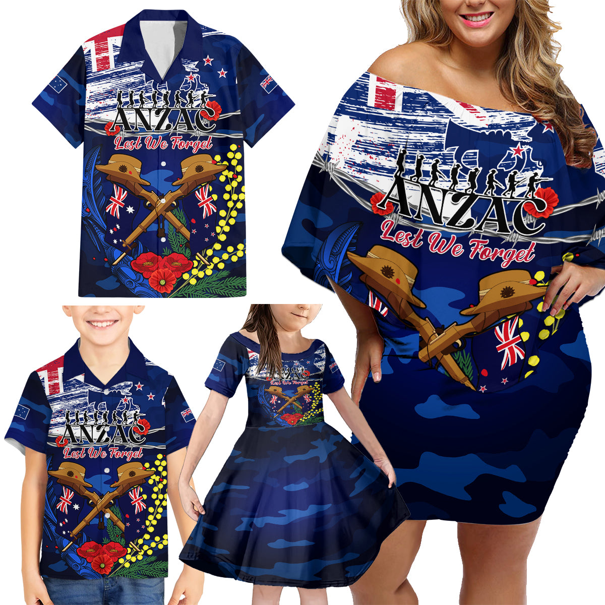 Australia And New Zealand ANZAC Day Family Matching Off Shoulder Short Dress and Hawaiian Shirt Lest We Forget Silver Fern With Golden Wattle LT14 - Polynesian Pride