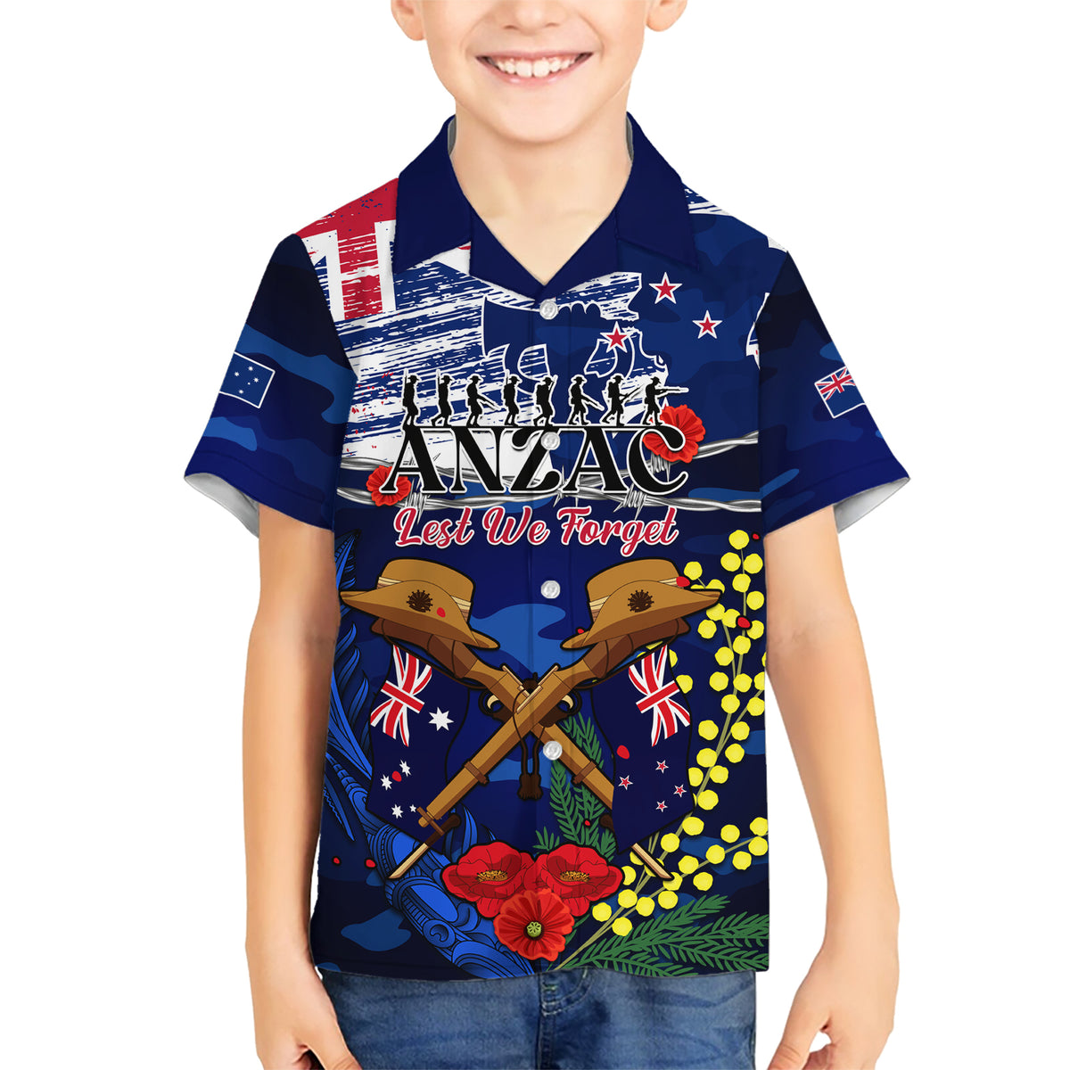Australia And New Zealand ANZAC Day Family Matching Short Sleeve Bodycon Dress and Hawaiian Shirt Lest We Forget Silver Fern With Golden Wattle LT14 Son's Shirt Blue - Polynesian Pride