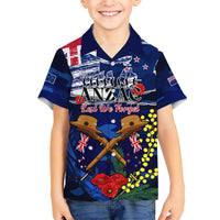 Australia And New Zealand ANZAC Day Family Matching Short Sleeve Bodycon Dress and Hawaiian Shirt Lest We Forget Silver Fern With Golden Wattle LT14 Son's Shirt Blue - Polynesian Pride