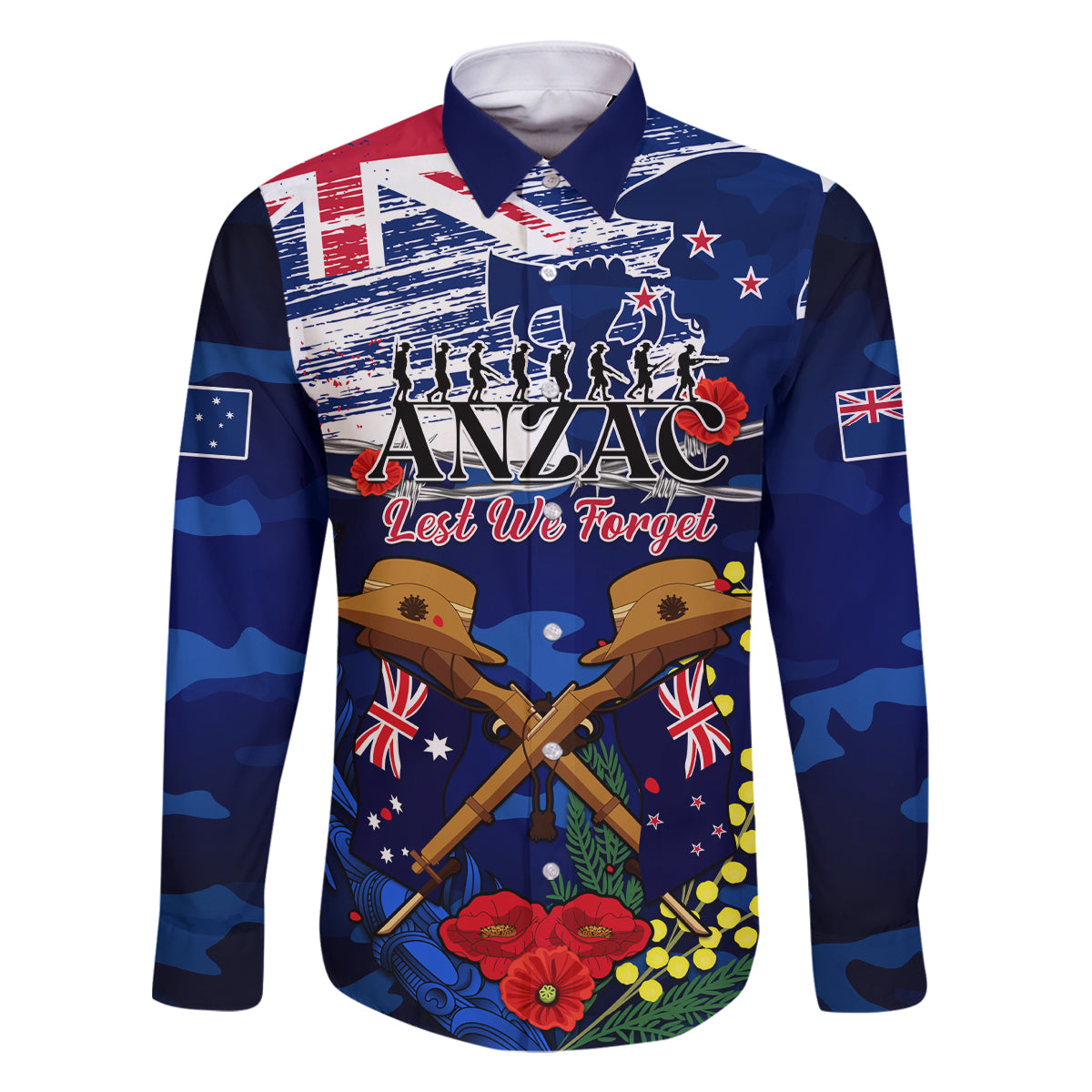 Australia And New Zealand ANZAC Day Family Matching Summer Maxi Dress and Hawaiian Shirt Lest We Forget Silver Fern With Golden Wattle LT14 Dad's Shirt - Long Sleeve Blue - Polynesian Pride