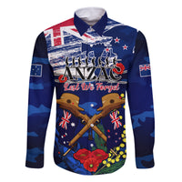 Australia And New Zealand ANZAC Day Family Matching Summer Maxi Dress and Hawaiian Shirt Lest We Forget Silver Fern With Golden Wattle LT14 Dad's Shirt - Long Sleeve Blue - Polynesian Pride