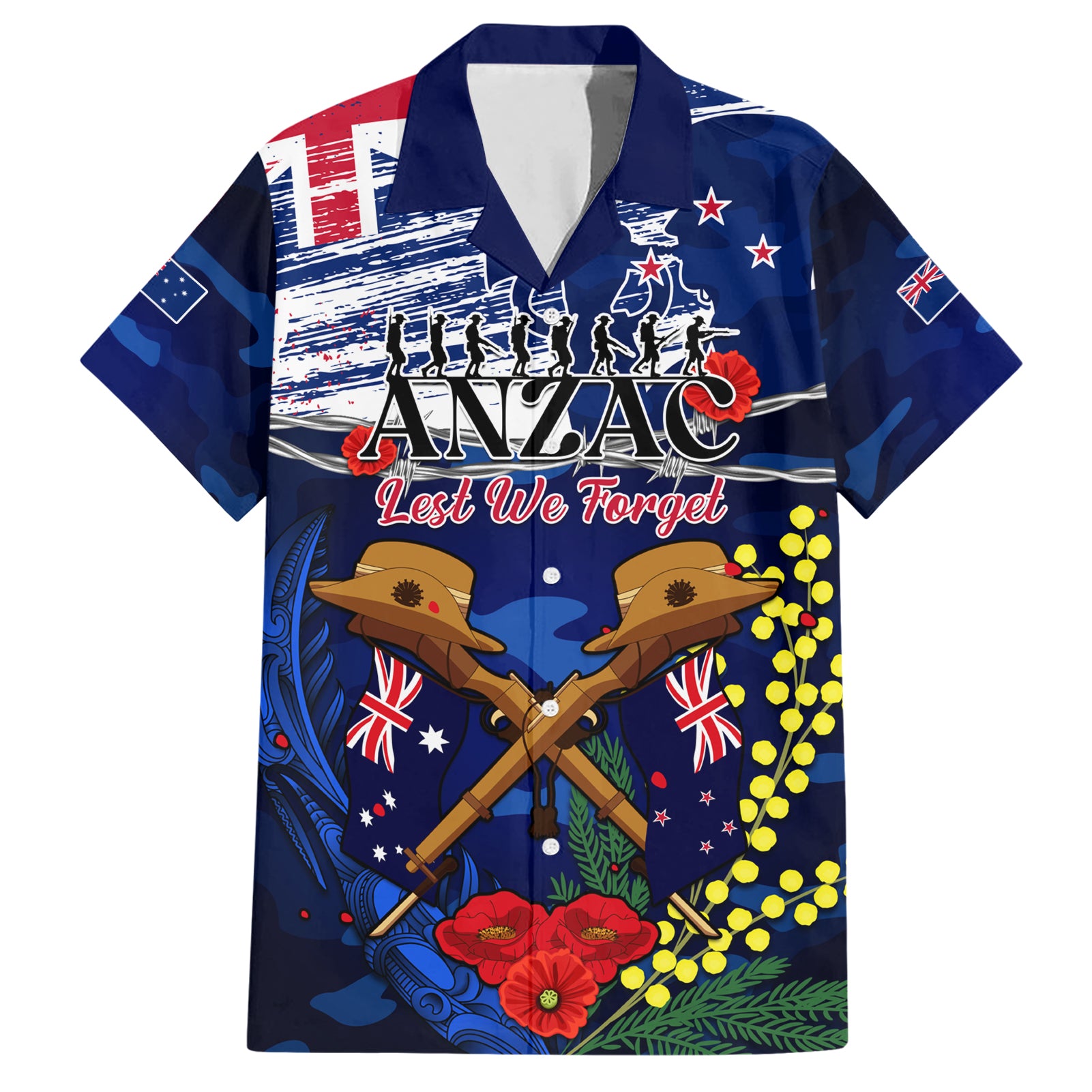 Australia And New Zealand ANZAC Day Hawaiian Shirt Lest We Forget Silver Fern With Golden Wattle LT14 Blue - Polynesian Pride