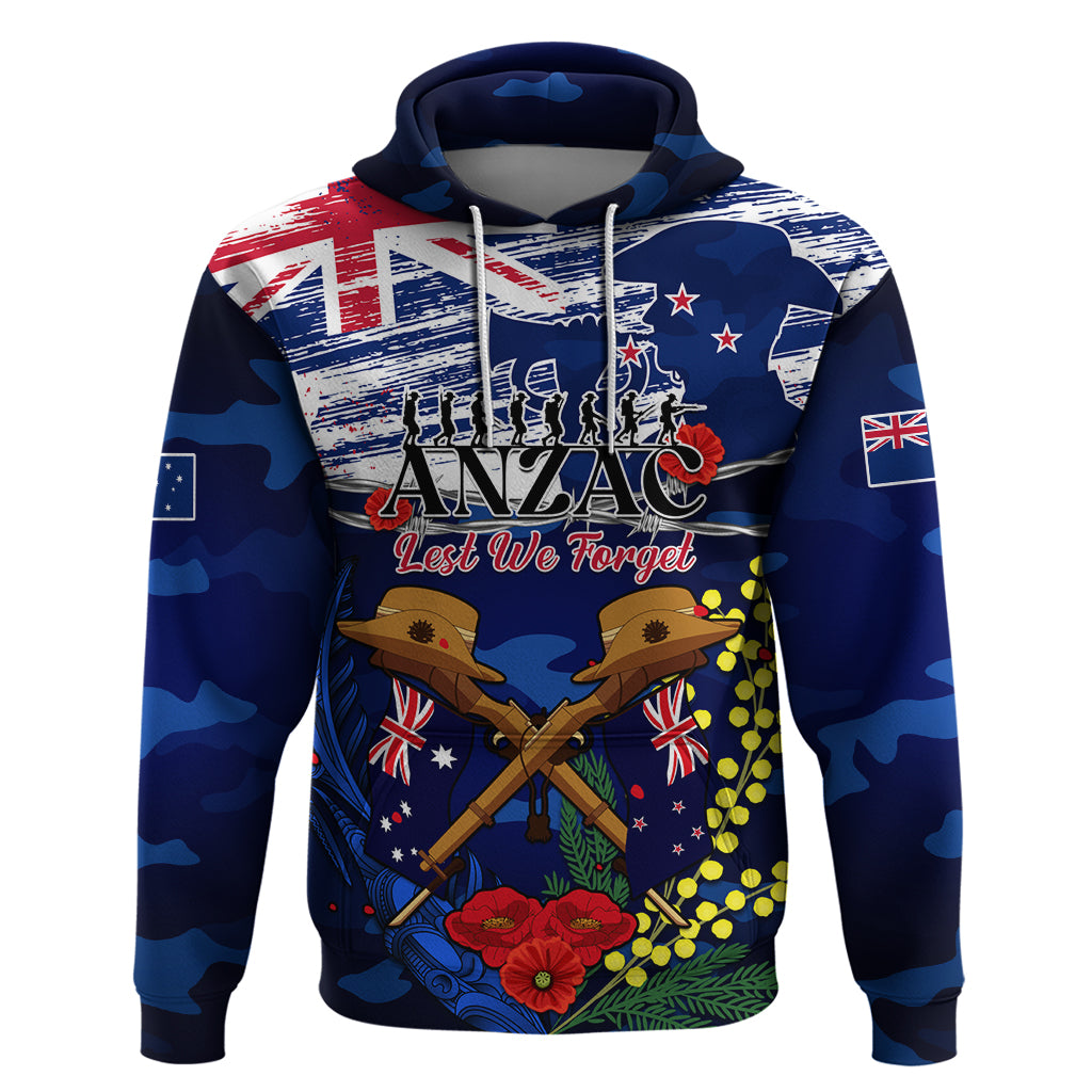 Australia And New Zealand ANZAC Day Hoodie Lest We Forget Silver Fern With Golden Wattle LT14 Pullover Hoodie Blue - Polynesian Pride