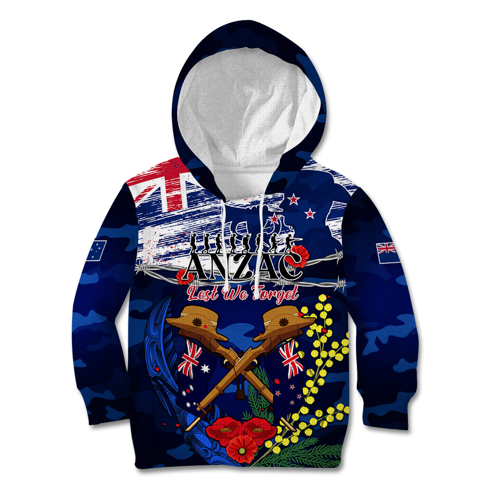 Australia And New Zealand ANZAC Day Kid Hoodie Lest We Forget Silver Fern With Golden Wattle LT14 Hoodie Blue - Polynesian Pride