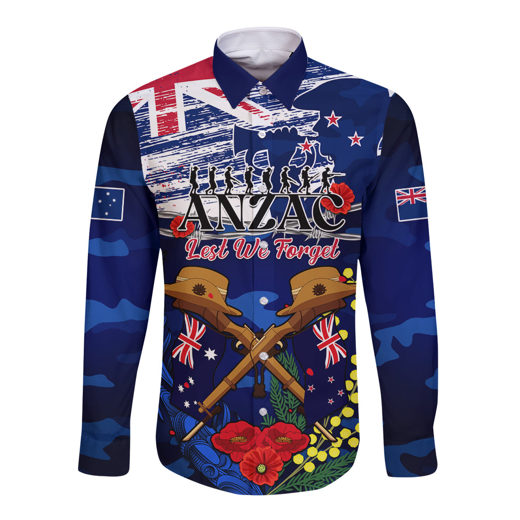 Australia And New Zealand ANZAC Day Long Sleeve Button Shirt Lest We Forget Silver Fern With Golden Wattle LT14 Unisex Blue - Polynesian Pride