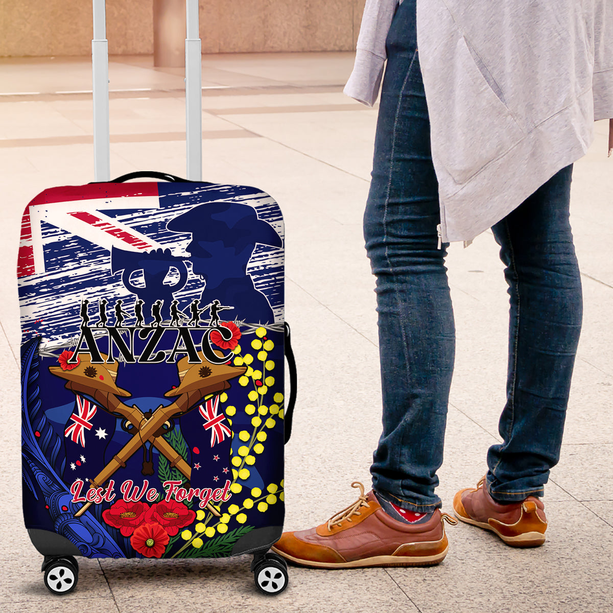 Australia And New Zealand ANZAC Day Luggage Cover Lest We Forget Silver Fern With Golden Wattle LT14 Blue - Polynesian Pride