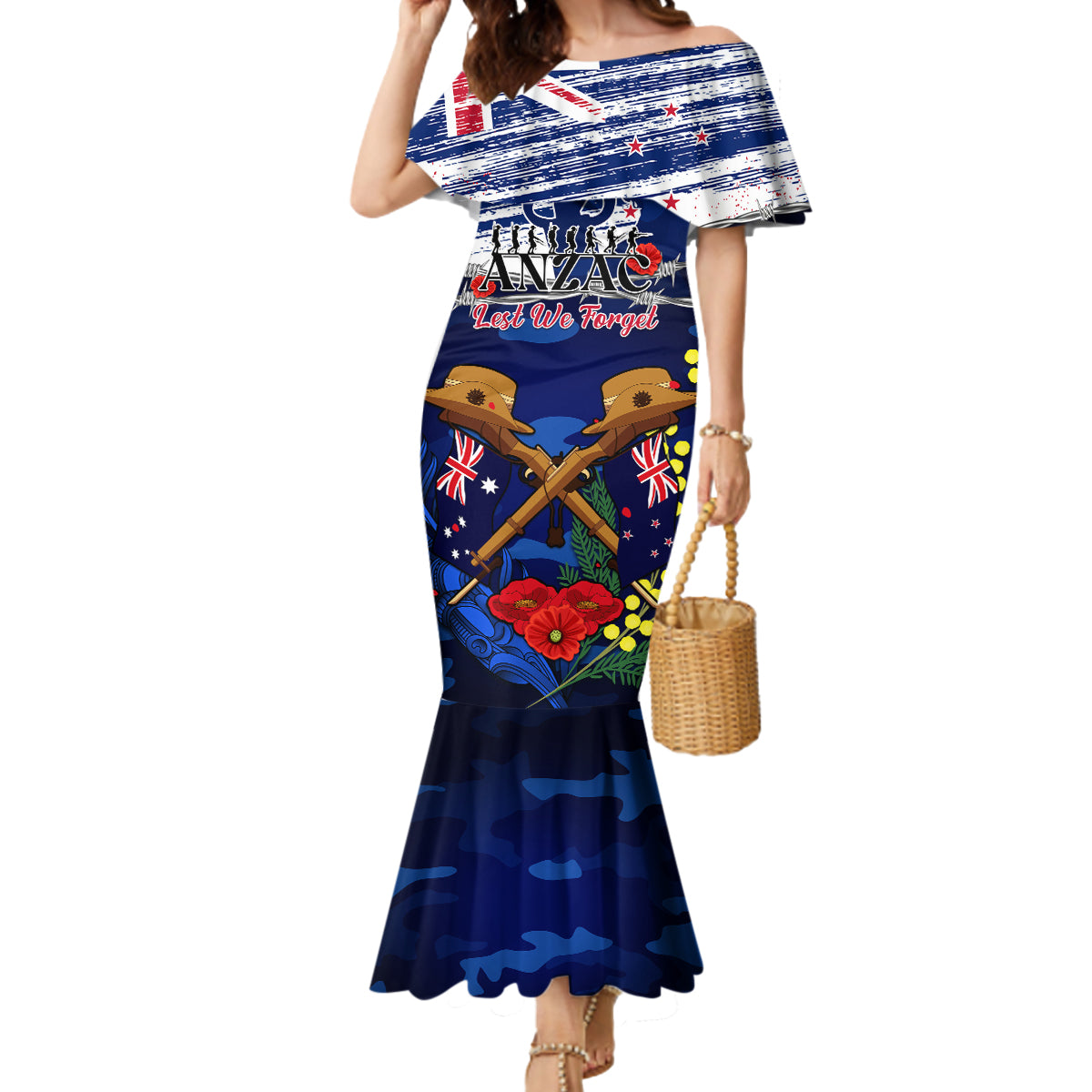 Australia And New Zealand ANZAC Day Mermaid Dress Lest We Forget Silver Fern With Golden Wattle LT14 Women Blue - Polynesian Pride