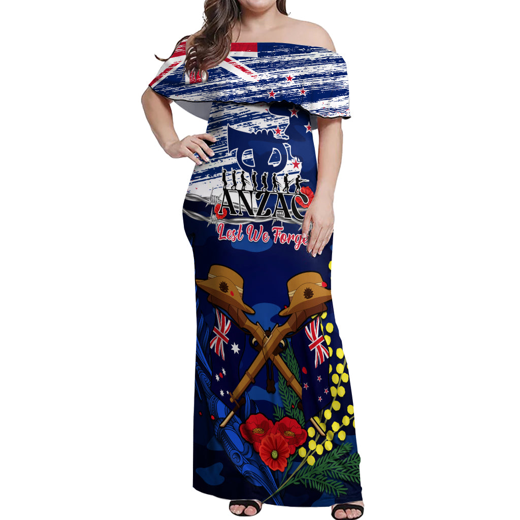 Australia And New Zealand ANZAC Day Off Shoulder Maxi Dress Lest We Forget Silver Fern With Golden Wattle LT14 Women Blue - Polynesian Pride