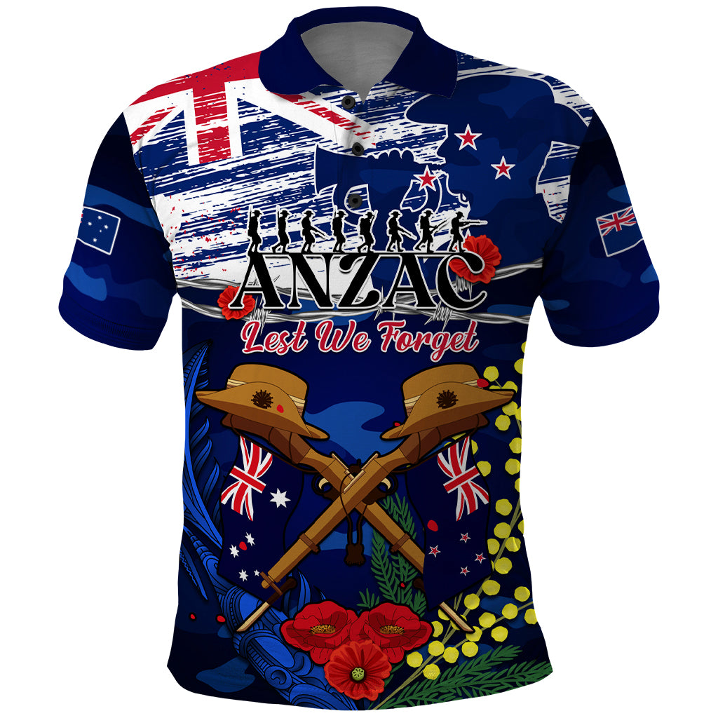 Australia and New Zealand ANZAC Day Polo Shirt - Lest We Forget Silver Fern With Golden Wattle LT14 Blue - Polynesian Pride