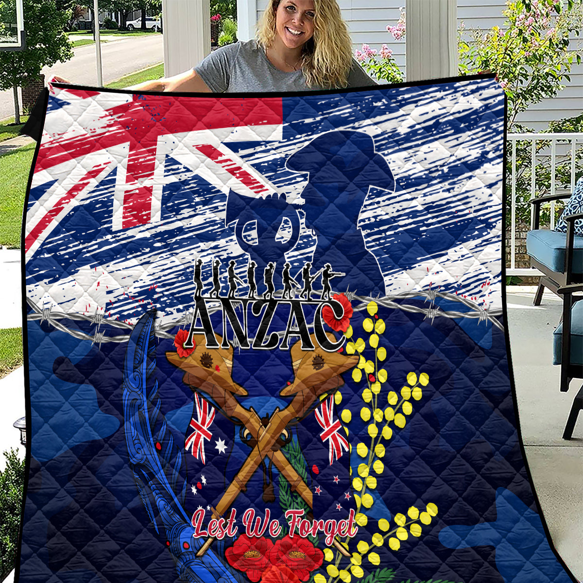 Australia And New Zealand ANZAC Day Quilt Lest We Forget Silver Fern With Golden Wattle LT14 Blue - Polynesian Pride