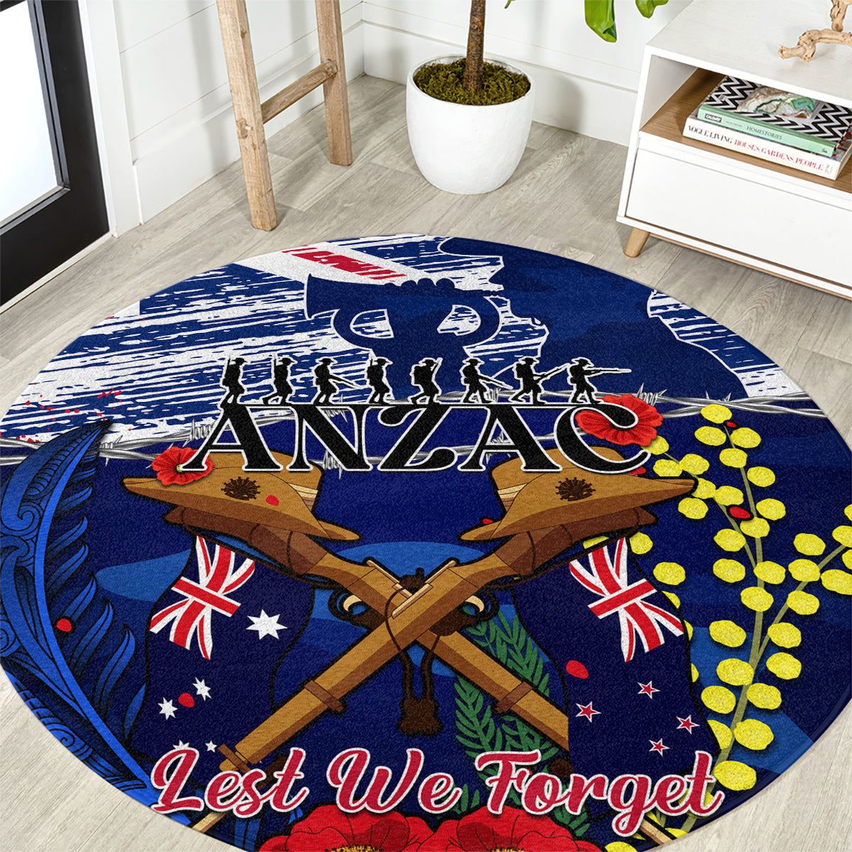 Australia And New Zealand ANZAC Day Round Carpet Lest We Forget Silver Fern With Golden Wattle LT14 Blue - Polynesian Pride