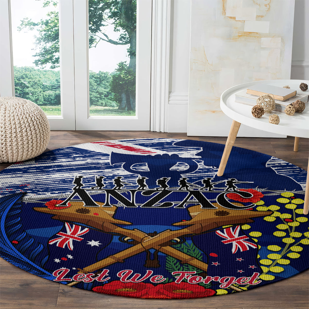 Australia And New Zealand ANZAC Day Round Carpet Lest We Forget Silver Fern With Golden Wattle LT14 - Polynesian Pride