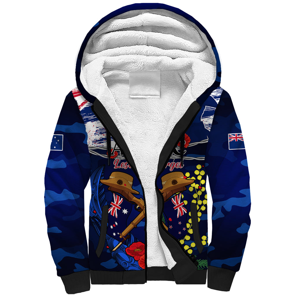 Australia And New Zealand ANZAC Day Sherpa Hoodie Lest We Forget Silver Fern With Golden Wattle LT14 Unisex Blue - Polynesian Pride