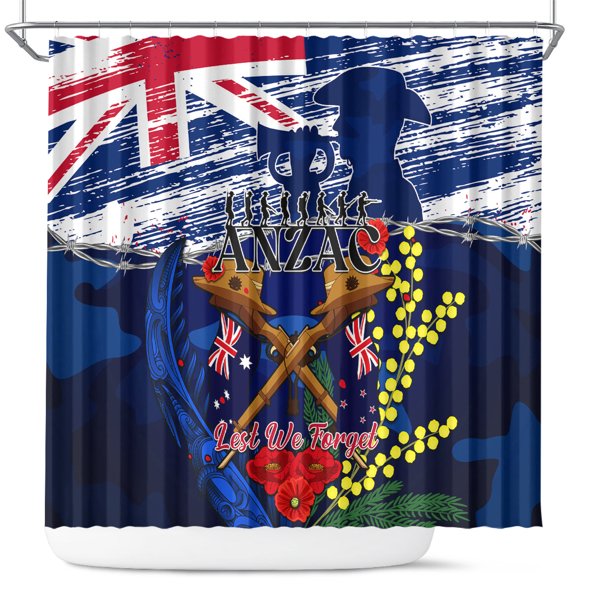 Australia And New Zealand ANZAC Day Shower Curtain Lest We Forget Silver Fern With Golden Wattle LT14 Blue - Polynesian Pride