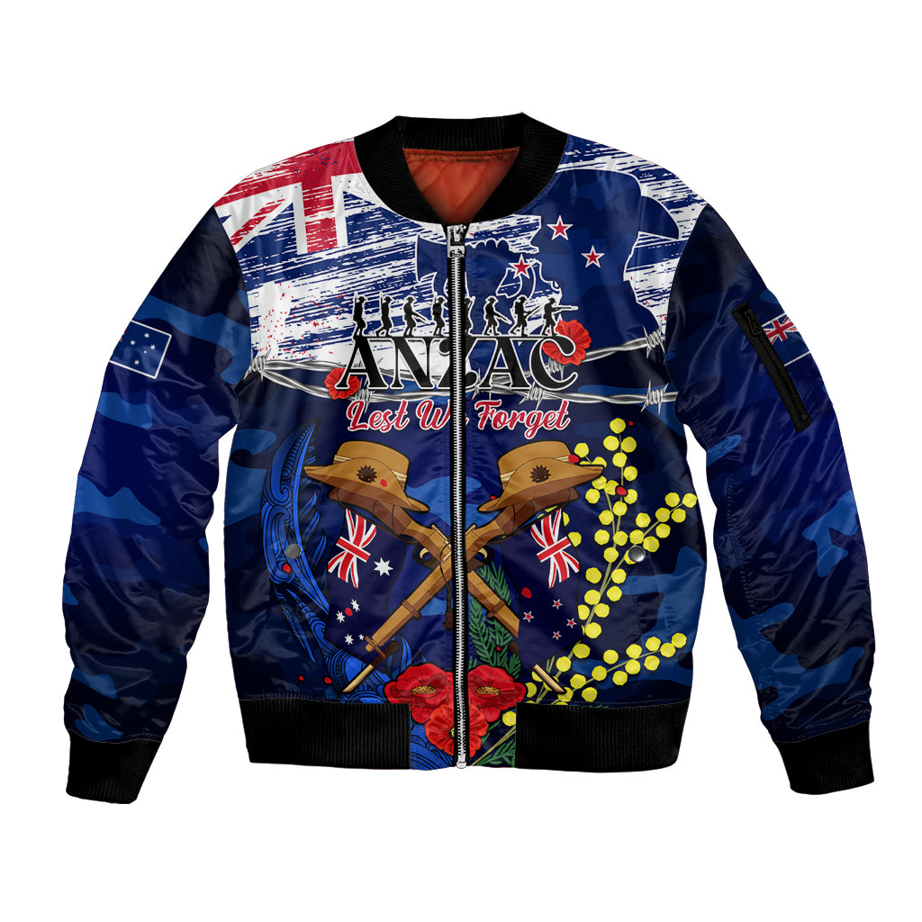 Australia And New Zealand ANZAC Day Sleeve Zip Bomber Jacket Lest We Forget Silver Fern With Golden Wattle LT14 Unisex Blue - Polynesian Pride