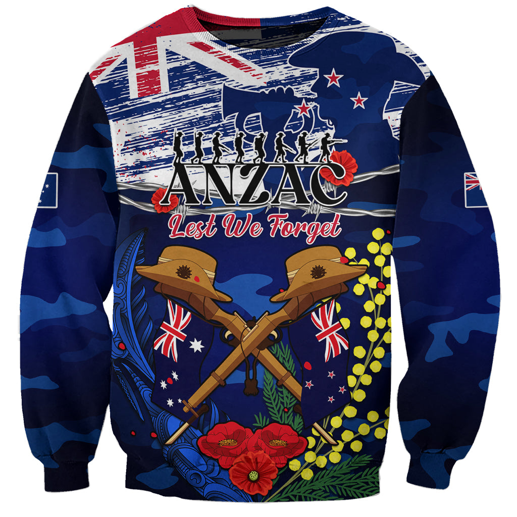 Australia And New Zealand ANZAC Day Sweatshirt Lest We Forget Silver Fern With Golden Wattle LT14 Unisex Blue - Polynesian Pride