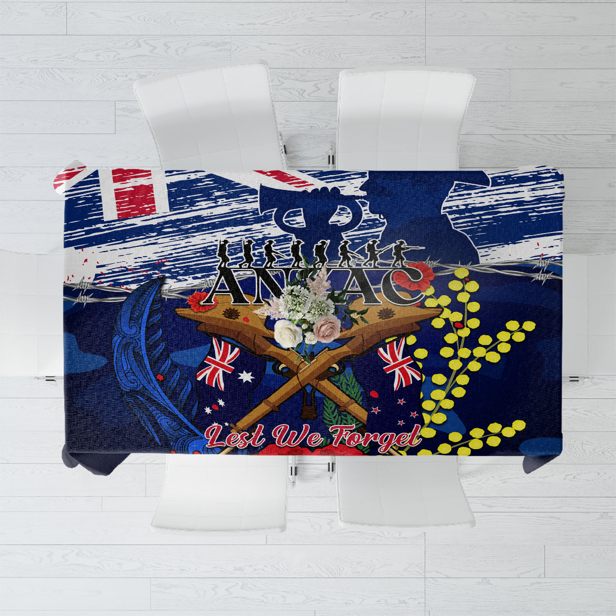 Australia And New Zealand ANZAC Day Tablecloth Lest We Forget Silver Fern With Golden Wattle LT14 Blue - Polynesian Pride