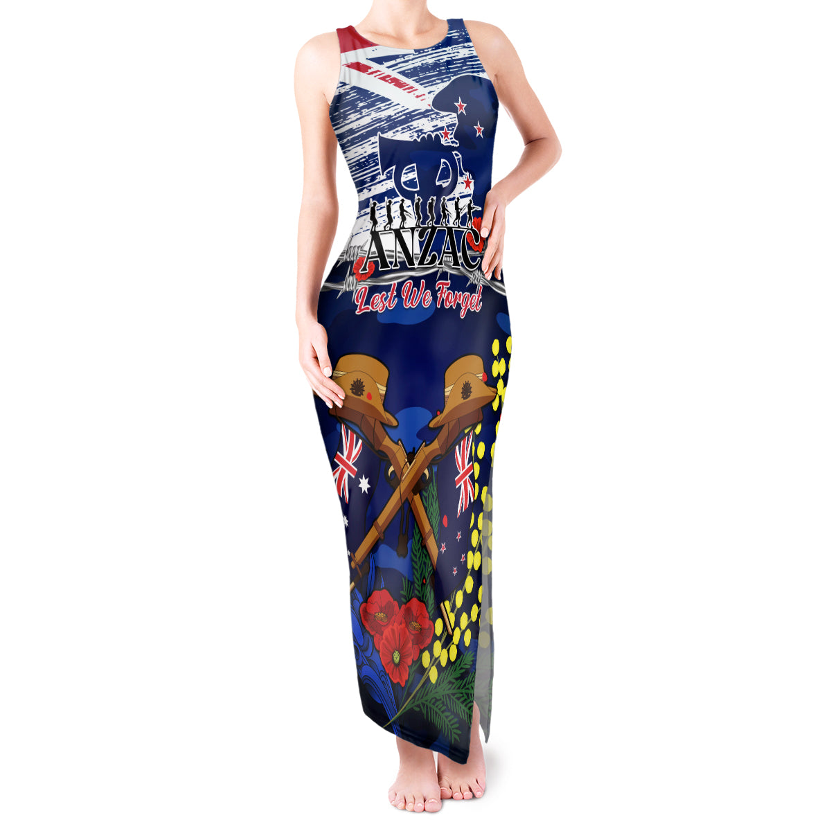 Australia And New Zealand ANZAC Day Tank Maxi Dress Lest We Forget Silver Fern With Golden Wattle LT14 Women Blue - Polynesian Pride