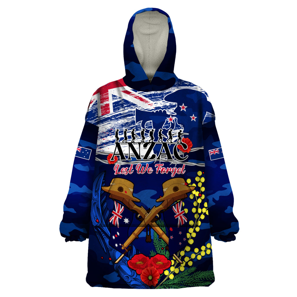 Australia And New Zealand ANZAC Day Wearable Blanket Hoodie Lest We Forget Silver Fern With Golden Wattle LT14 One Size Blue - Polynesian Pride