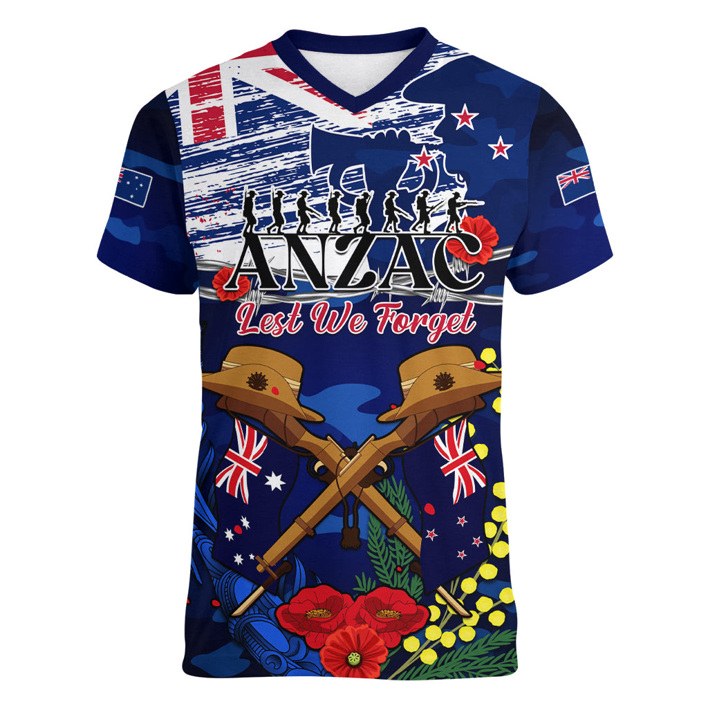 Australia And New Zealand ANZAC Day Women V Neck T Shirt Lest We Forget Silver Fern With Golden Wattle LT14 Female Blue - Polynesian Pride