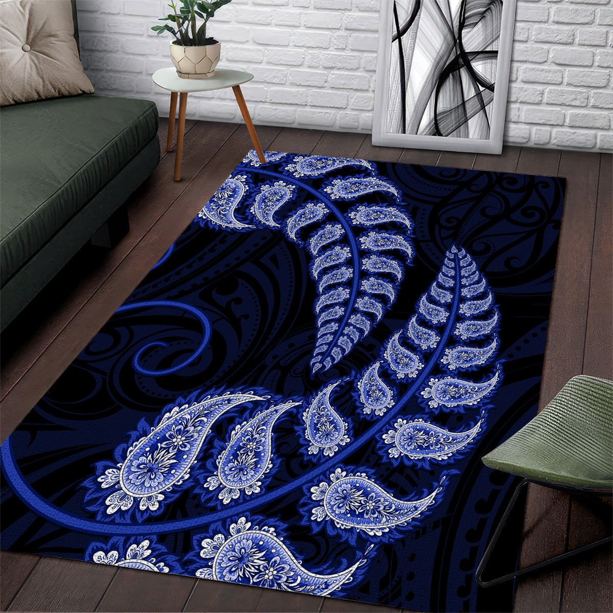 Blue New Zealand Paisley Silver Fern Area Rug Aotearoa Maori LT14 Blue - Polynesian Pride