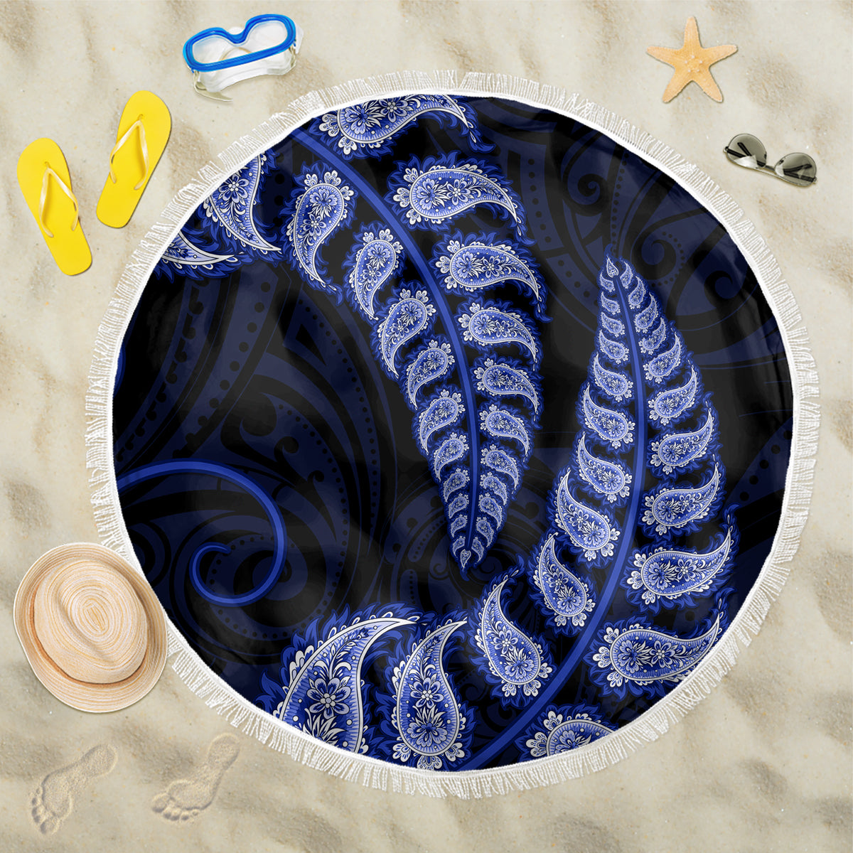 Blue New Zealand Paisley Silver Fern Beach Blanket Aotearoa Maori LT14 One Size 150cm Blue - Polynesian Pride