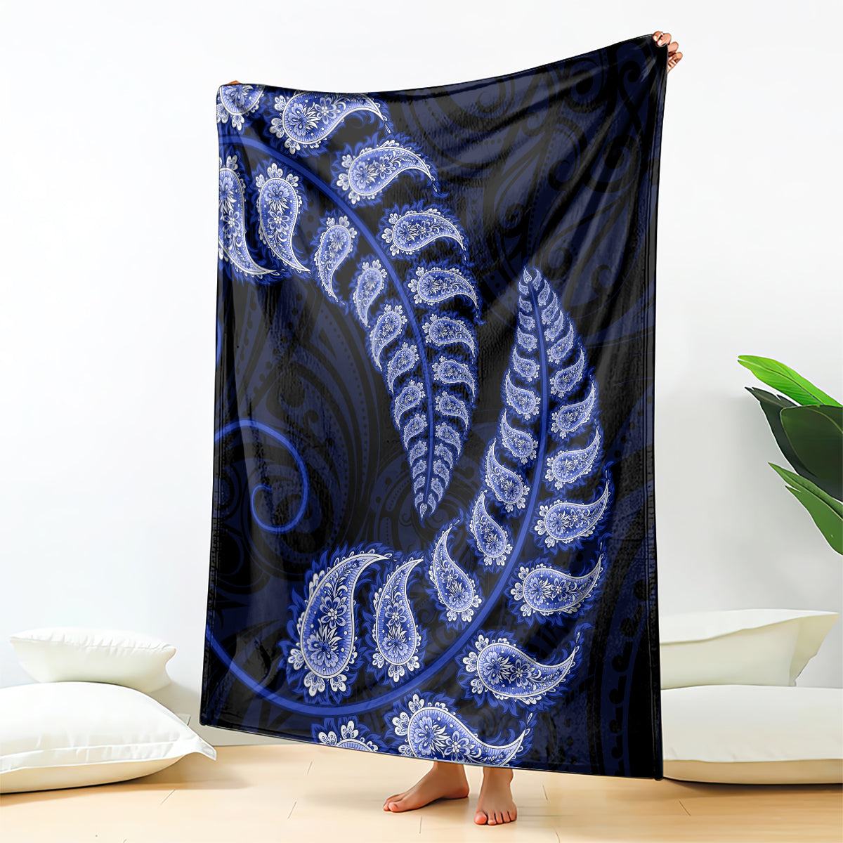 Blue New Zealand Paisley Silver Fern Blanket Aotearoa Maori LT14 Blue - Polynesian Pride