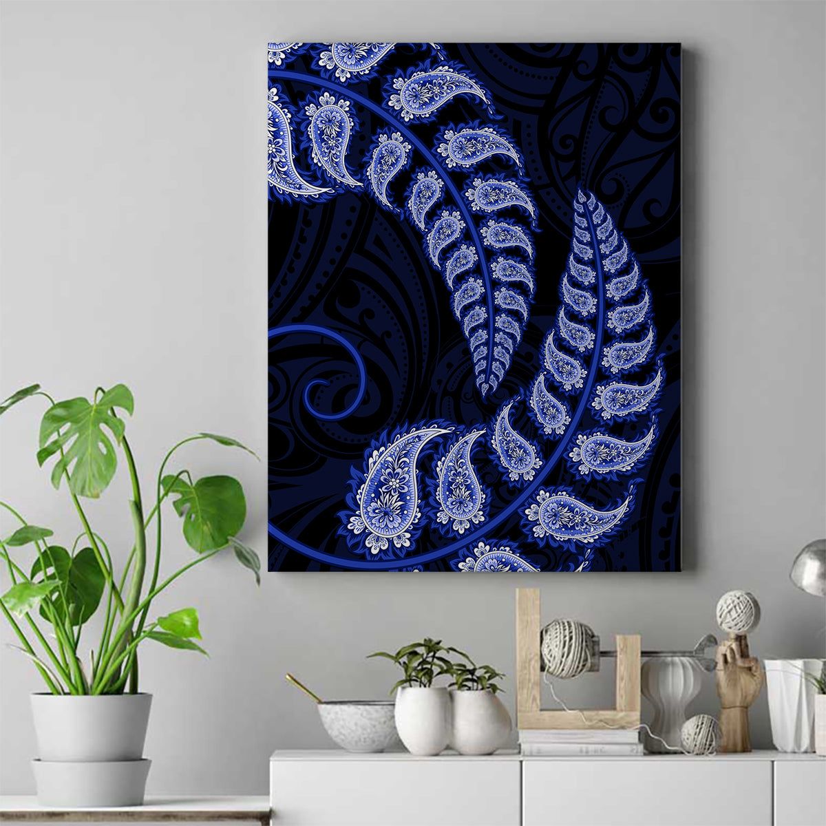 Blue New Zealand Paisley Silver Fern Canvas Wall Art Aotearoa Maori LT14 Blue - Polynesian Pride