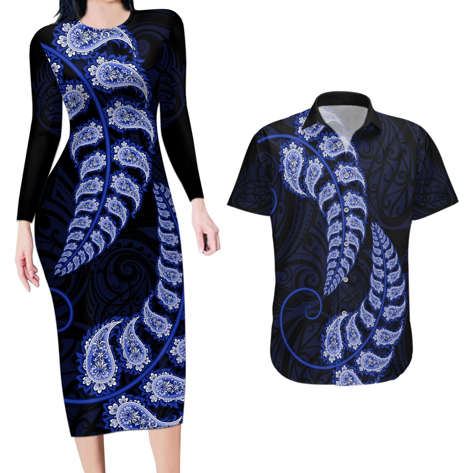 Blue New Zealand Paisley Silver Fern Couples Matching Long Sleeve Bodycon Dress and Hawaiian Shirt Aotearoa Maori LT14 Blue - Polynesian Pride