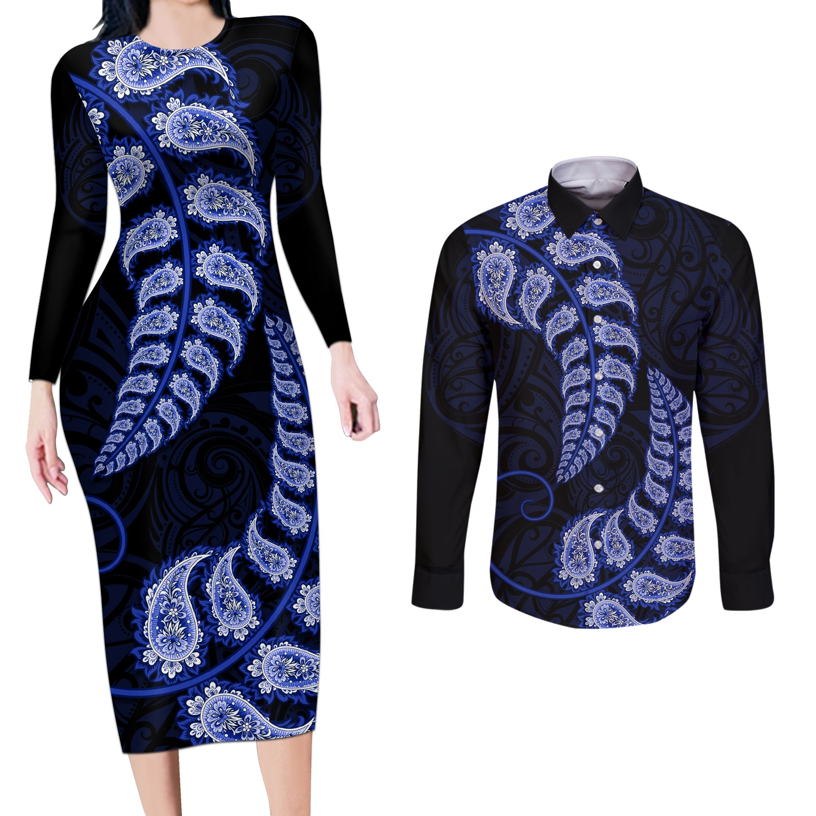 Blue New Zealand Paisley Silver Fern Couples Matching Long Sleeve Bodycon Dress and Long Sleeve Button Shirt Aotearoa Maori LT14 Blue - Polynesian Pride