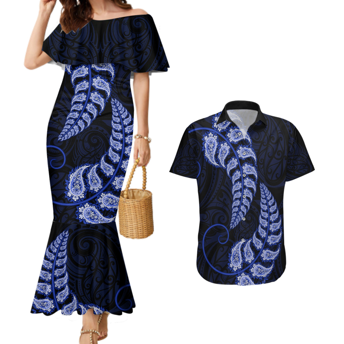 Blue New Zealand Paisley Silver Fern Couples Matching Mermaid Dress and Hawaiian Shirt Aotearoa Maori LT14 Blue - Polynesian Pride