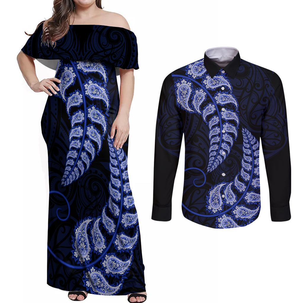 Blue New Zealand Paisley Silver Fern Couples Matching Off Shoulder Maxi Dress and Long Sleeve Button Shirt Aotearoa Maori LT14 Blue - Polynesian Pride