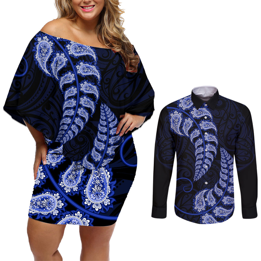 Blue New Zealand Paisley Silver Fern Couples Matching Off Shoulder Short Dress and Long Sleeve Button Shirt Aotearoa Maori LT14 Blue - Polynesian Pride