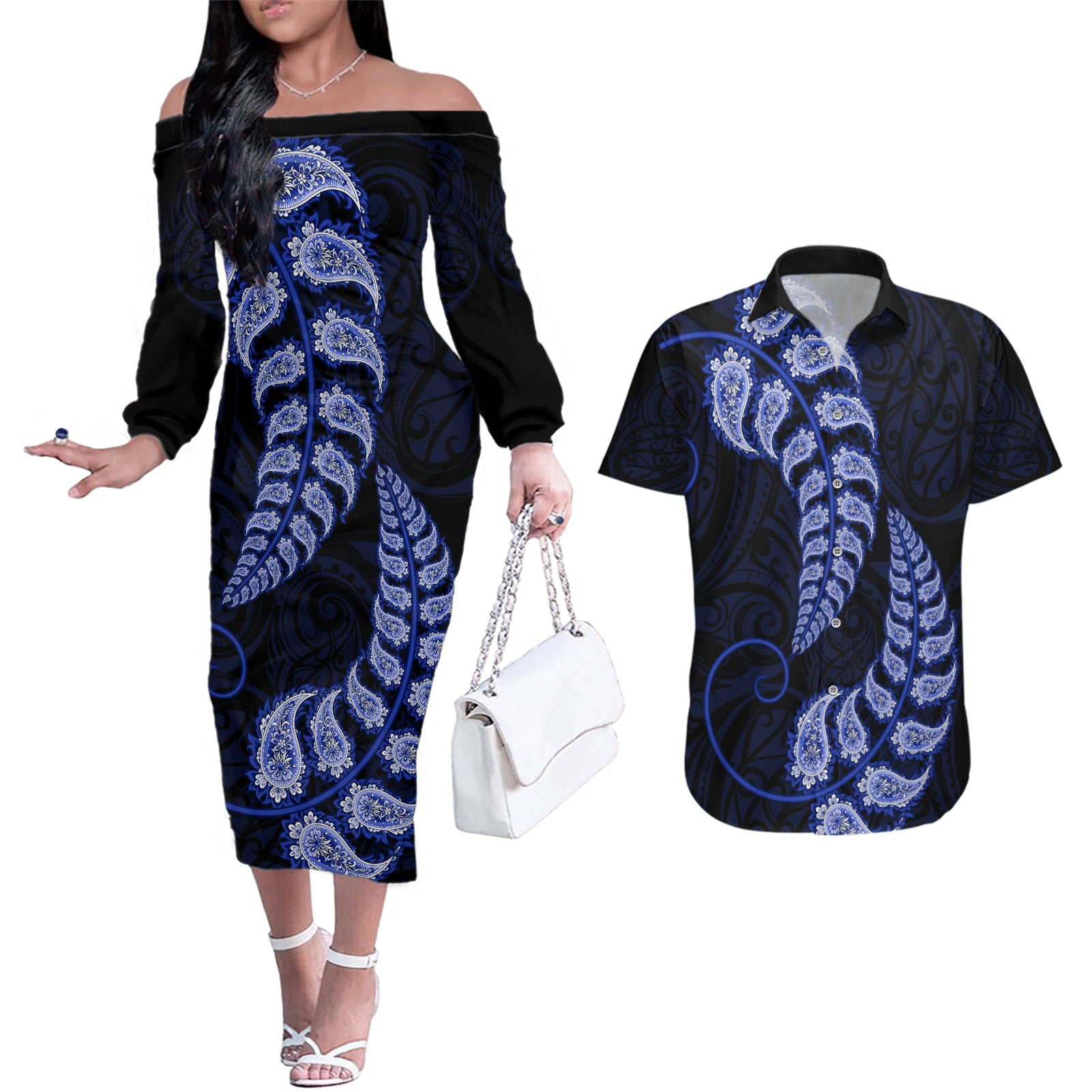 Blue New Zealand Paisley Silver Fern Couples Matching Off The Shoulder Long Sleeve Dress and Hawaiian Shirt Aotearoa Maori LT14 Blue - Polynesian Pride