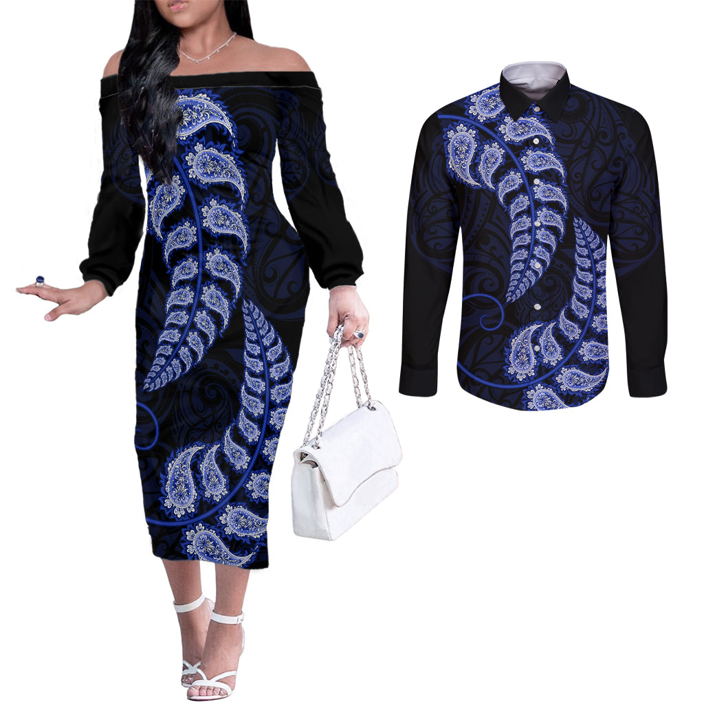 Blue New Zealand Paisley Silver Fern Couples Matching Off The Shoulder Long Sleeve Dress and Long Sleeve Button Shirt Aotearoa Maori LT14 Blue - Polynesian Pride