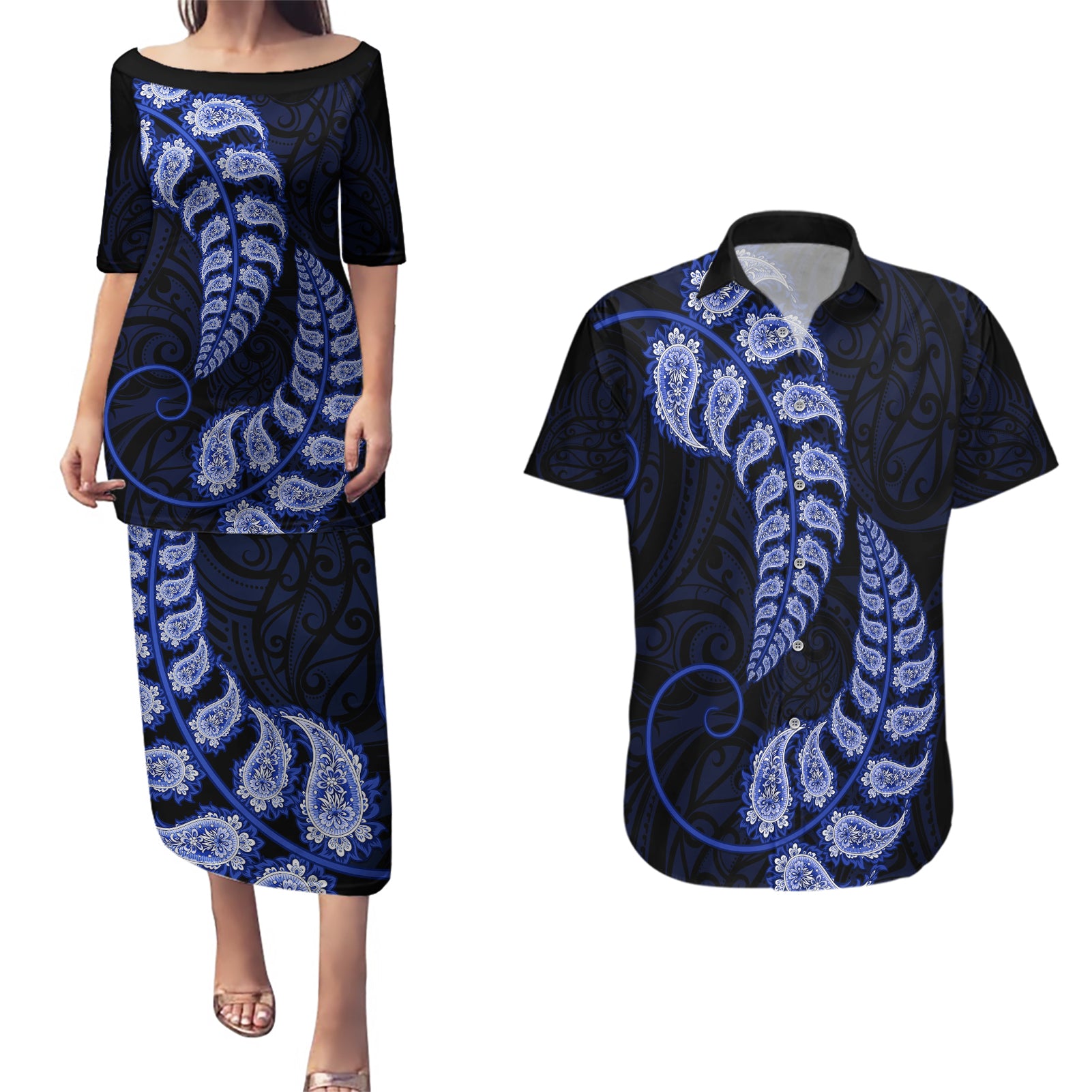 Blue New Zealand Paisley Silver Fern Couples Matching Puletasi Dress and Hawaiian Shirt Aotearoa Maori LT14 Blue - Polynesian Pride